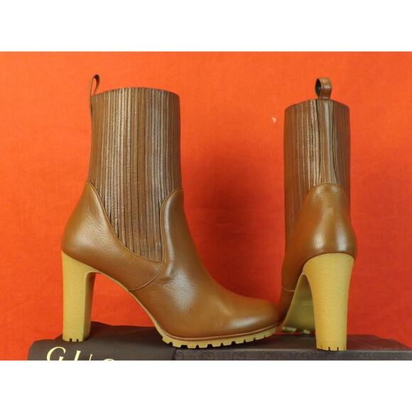 NIB GUCCI 323551 EDITH CUIR BROWN LUXOR LEATHER ELASTICIZED ANKLE BOOTS 39.5 - Picture 1 of 12